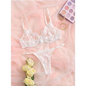 Medium Pure Desire White Embroidery Sheer Mesh Underwire Lingerie Set